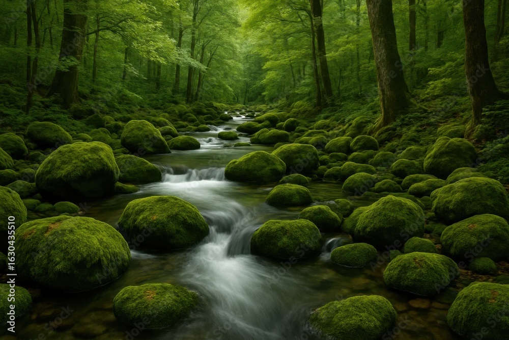 Fototapeta premium A Serene Forest Stream in Verdant Delight