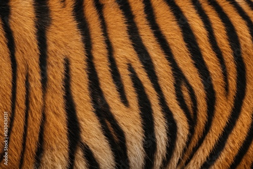 A close-up view of a tiger's striking fur pattern