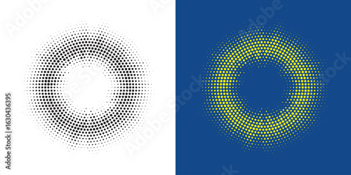 Set of black halftone grunge circle. Vector modern dots halftone arts. Halftone circle frame background set. Round border Icon using halftone random circle. Grunge circular stain. Vector illustration.