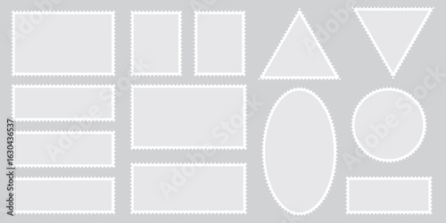 Vintage Postage Stamp Borders – Polygon, Circle, Rectangle Shapes on Transparent Background. EPS 10.