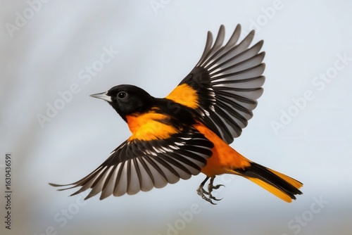 A Baltimore Oriole soars against a serene sky