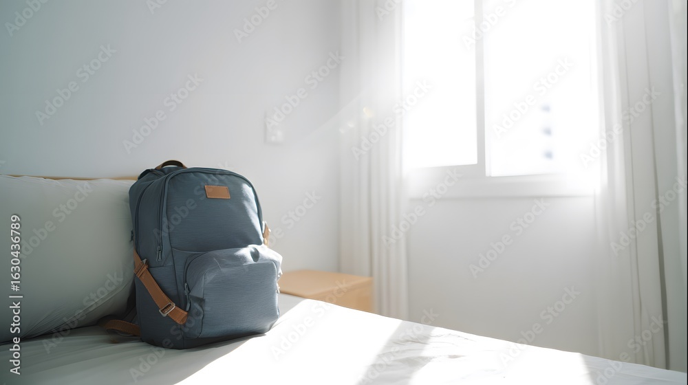 Fototapeta premium Wide angle view of a school backpack on a tidy bed with sun flare