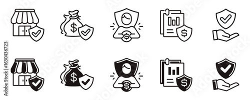 business finance protection life insurance icon line set banking money assurance check mark shield symbol vector illustration