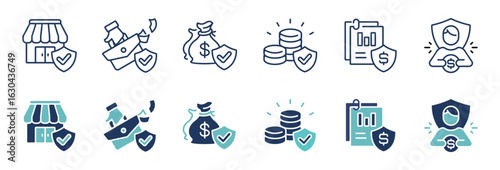 life insurance money protection shield icon line set banking finance risk safe assurance plan signs vector illustration