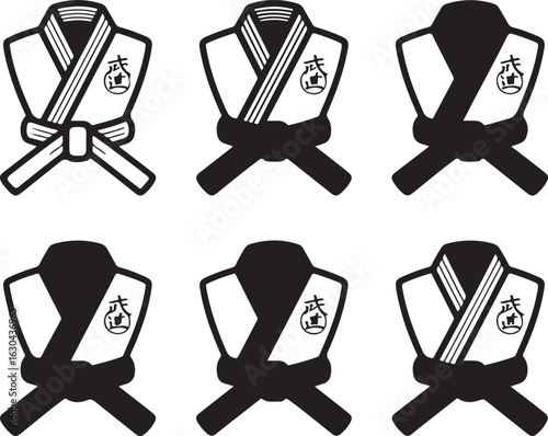 Karate & Taekwondo Ranking Icons Belt Progression from White to Black with Traditional Uniform and Emblems