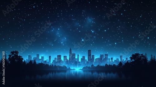 City skyline at night under a starry sky