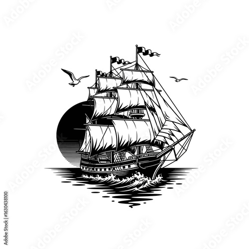 Vintage tall ship at sea. Black and white nautical galleon logo vector illustration.