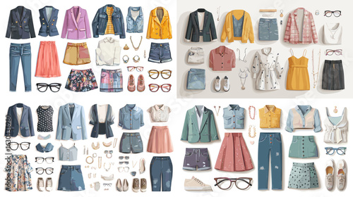Modern flatlay of women’s fashion including dresses, skirts, denim, glasses, and accessories. Perfect for fashion lookbooks, e-commerce, and digital wardrobe planners.

