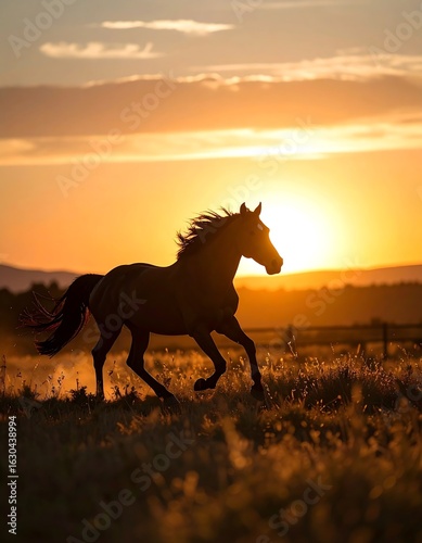 A horse gallops through a field at sunset, its silhouette stark against the bright, golden sky.