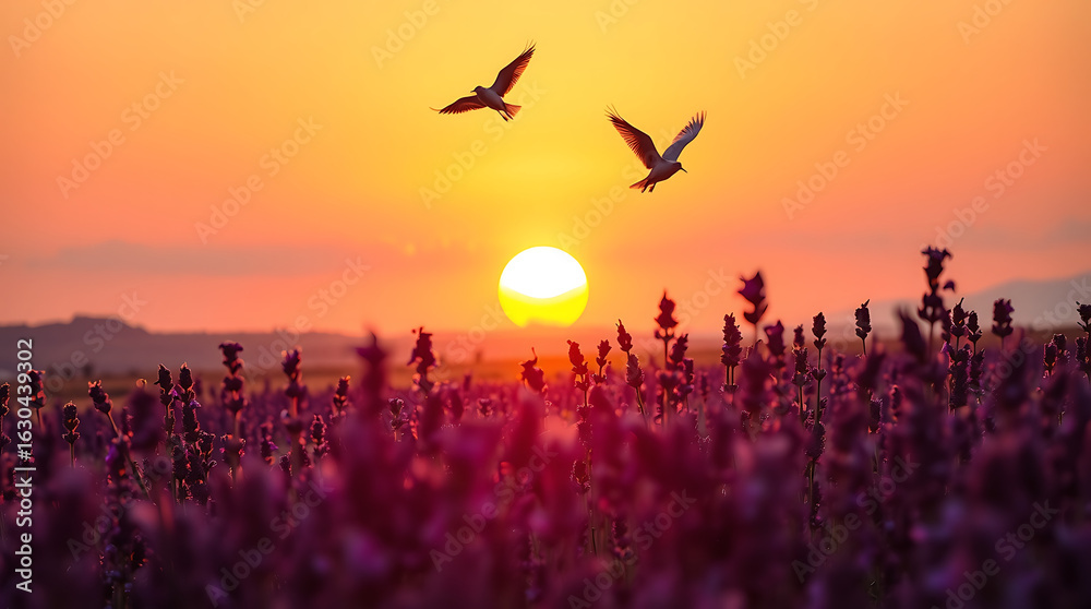 Obraz premium Orange sun sets behind a silhouetted tree, as a flock of birds flies in a colorful sky over a grassy field