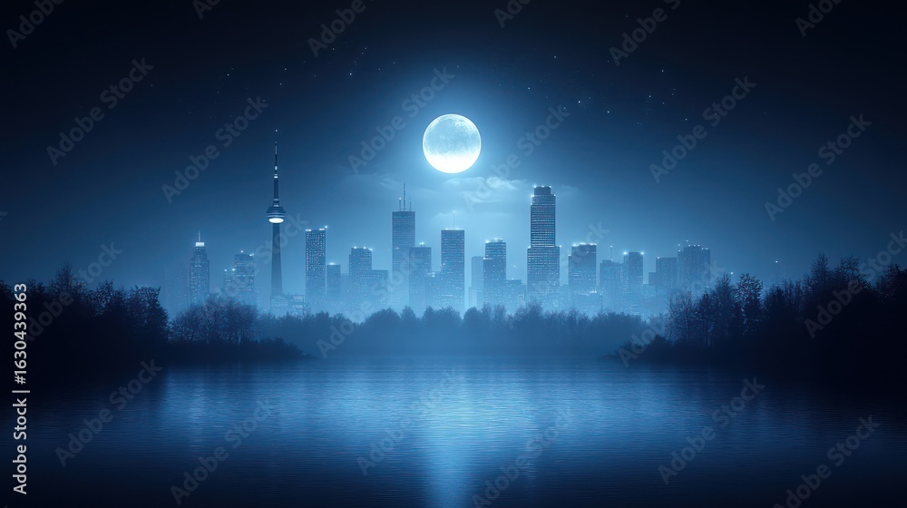 Fototapeta premium City skyline at night, bathed in moonlight, misty lake