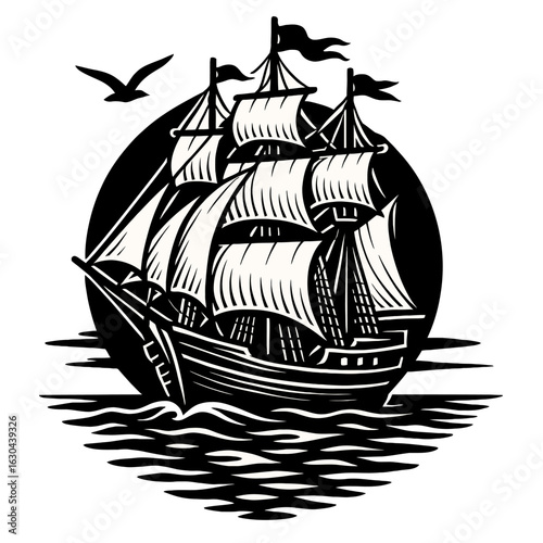 Vintage tall ship at sea. Black and white nautical galleon logo vector illustration.