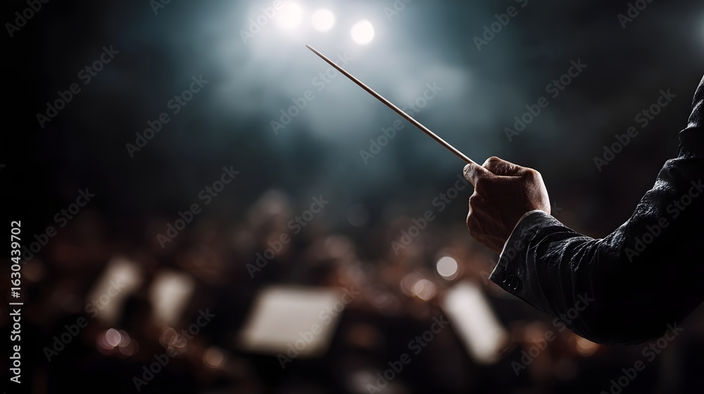 Naklejka premium Orchestra conductor leading a performance with baton and sheet music in concert hall lighting