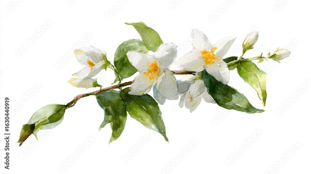 Obraz premium Watercolor painting of jasmine branch, isolated on a white background, jasmine vector, drawing clipart, Illustration Vector, Graphic Painting, design art, logo