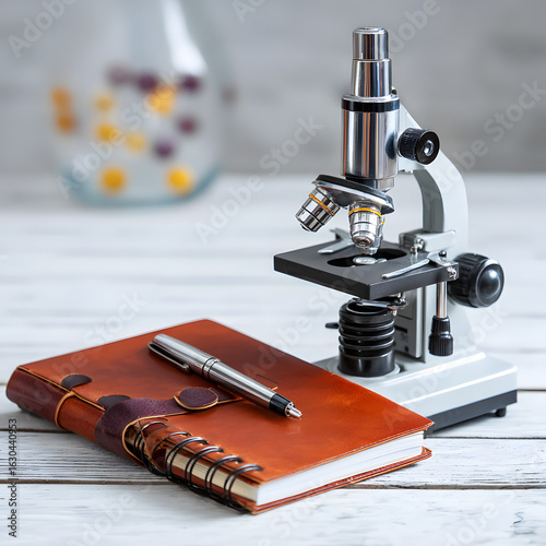 Laboratory Microscope Next to Leather Notebook and Pen on Table