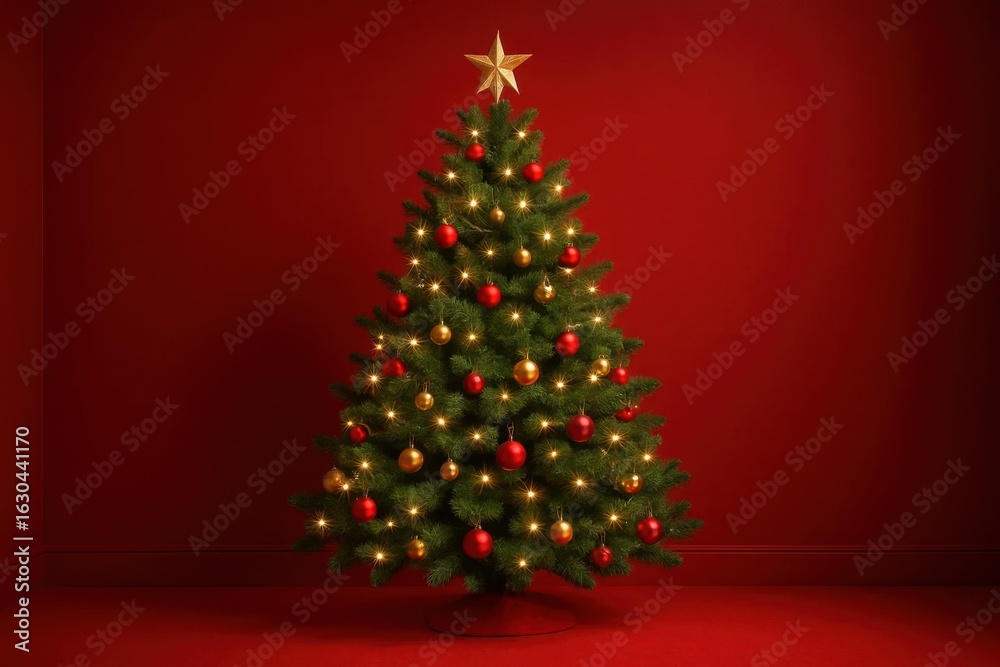 A radiant Christmas tree stands tall against a vibrant red backdrop, adorned with twinkling golden ornaments and a crown of shining stars, symbolizing the warmth and joy of the holiday season A radiant Christmas tree stands tall against a vibrant red backdrop, adorned with twinkling golden ornaments and a crown of shining stars, symbolizing the warmth and joy of the holiday season