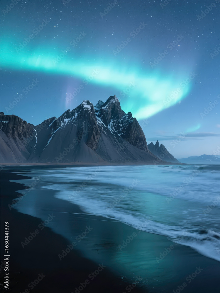 Naklejka premium Aurora Borealis Over Vestrahorn Mountain with Black Sand Beach