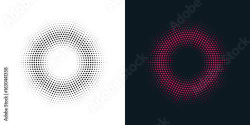 Halftone circle frame background set. Round border Icon using halftone random circle. Grunge circular stain. Vector illustration.