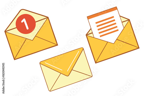 Vector art of three yellow envelopes with one marked as unread isolated on white background