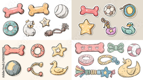 Playful hand-drawn illustrations of pet toys like bones, balls, ropes, and chew items in soft pastel tones. Ideal for pet shops, planners, or children’s educational content.

