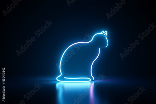 Blue neon cat silhouette glowing on dark reflective surface light