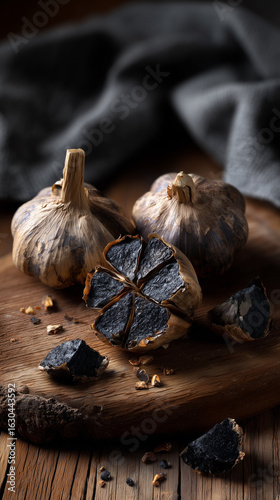 Black Garlic on Wooden Cutting Board