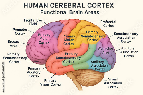 Human Cerebral Cortex Functional Brain Areas, Illustration