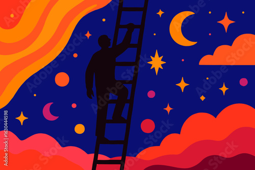 A handyman with ladders is shown in vector silhouette form against a white background, engaged in renovation work as a carpenter, painter, and laborer, performing physically demanding tasks in