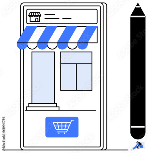 Mobile device with storefront interface, striped awning, digital shopping cart button, and pencil. Ideal for e-commerce, retail, online shops, marketing, user experience small business simple