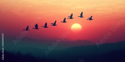 Wild ducks silhouetted mid-flight against golden evening sky, sunset, mountain backdrop, bird flu cases, disease transmission, migratory birds, bird flu outbreak