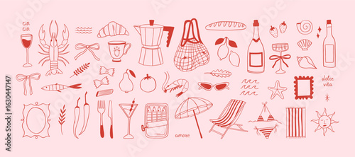 Hand drawn trendy Dolce Vita big vector stickers. Summer Italian big set. Champagne, wine, croissant, coffee pot, bikini, sun, lobster, sardines, lemons, food. La Dolce Vita concept for prints