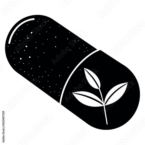Open Herbal Supplement Capsule Silhouette with Small Internal Details