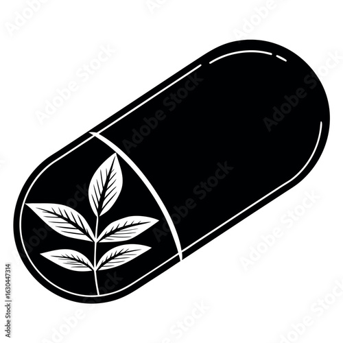 Open Herbal Supplement Capsule Silhouette with Spilled Powder