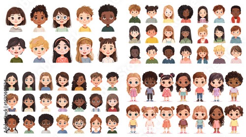 Cute cartoon-style illustrations of diverse children's faces and full-body characters. Great for educational designs, storybooks, or school-themed visual projects.

