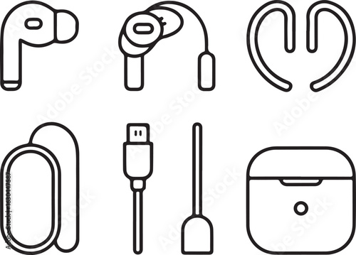 AirPods Accessories Icon Set Silicone Tips, Ear Hooks, Skins, Charging Cable, Cleaning Brush, and Case Cover