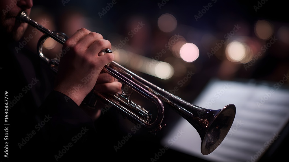 Obraz premium Trumpet player performing on stage under dramatic lighting