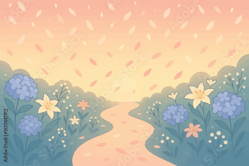 Enchanting floral pathway at sunset with pastel hydrangeas and lilies, evoking peace, hope, and beauty in a soft gradient illustration style