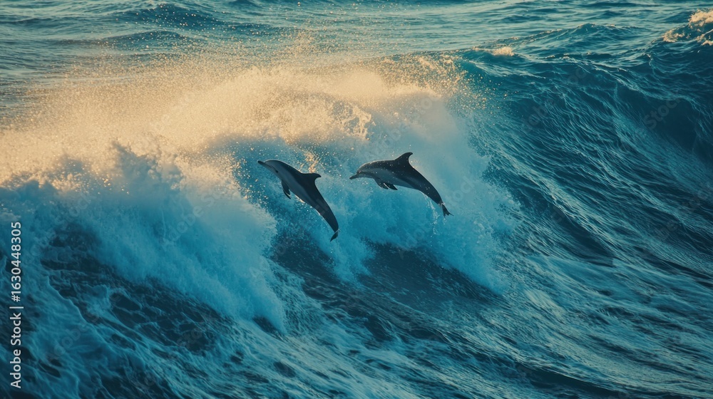 Obraz premium Two dolphins leap over an ocean wave during sunrise.