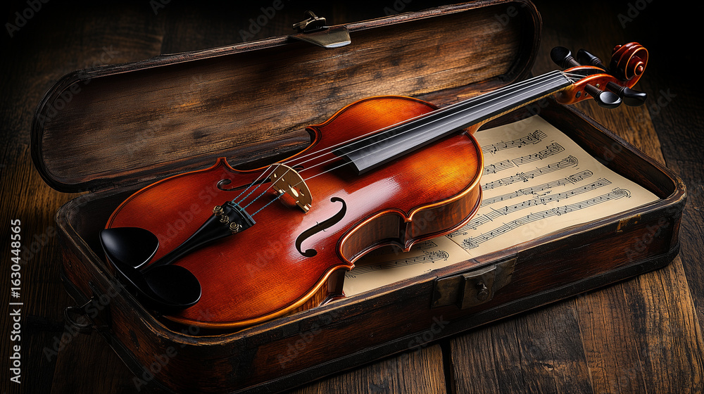 Fototapeta premium Violin resting in an open vintage case on a wooden surface, surrounded by sheet music, showcasing craftsmanship and musical heritage in a warm, inviting atmosphere