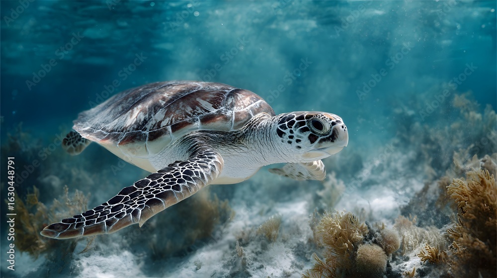 Fototapeta premium A sea turtle gracefully swimming through a vibrant coral reef