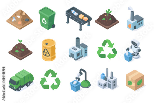 Robot collection incinerator packaging vector recycling icon management waste icons landfill carbon