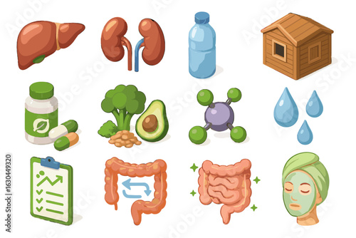 Droplets food sauna supplement toxin vector detox icon antioxidant mask icons biohacking