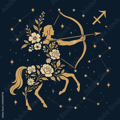 Elegant Sagittarius zodiac illustration with floral centaur archer and celestial stars in a mystical botanical style