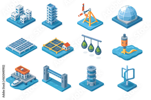 Generator icon energy turbine buoy city vector futuristic platform ocean transportation floating