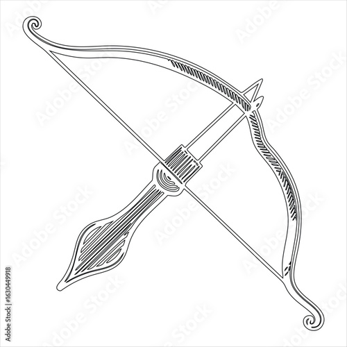 Elegant Outline of a Bow and Arrow with Swirling Decorative Elements archery weapon