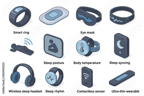 Contactless icon syncing vector wearable technology mask headset smart ring patch sleep