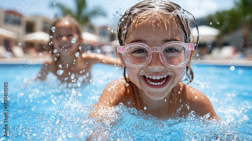 Happy girl wearing pink glasses is swimming in a pool, splashing water joyfully, with another child in the background enjoying a sunny day at a resort