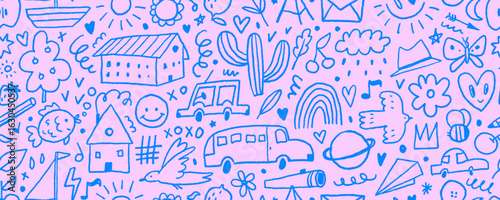 Simple funky childish doodles seamless pattern on pink background. Girly motif drawings.