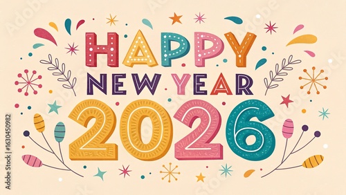 Happy new year two thousand twenty six with colorful decorations and a light cream background color