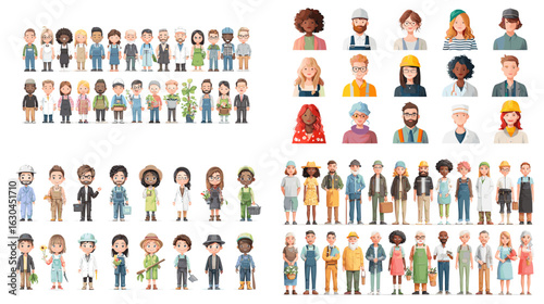 Vector illustration of diverse characters representing various professions such as healthcare, construction, science, and education. Suitable for infographics and career-related designs.

